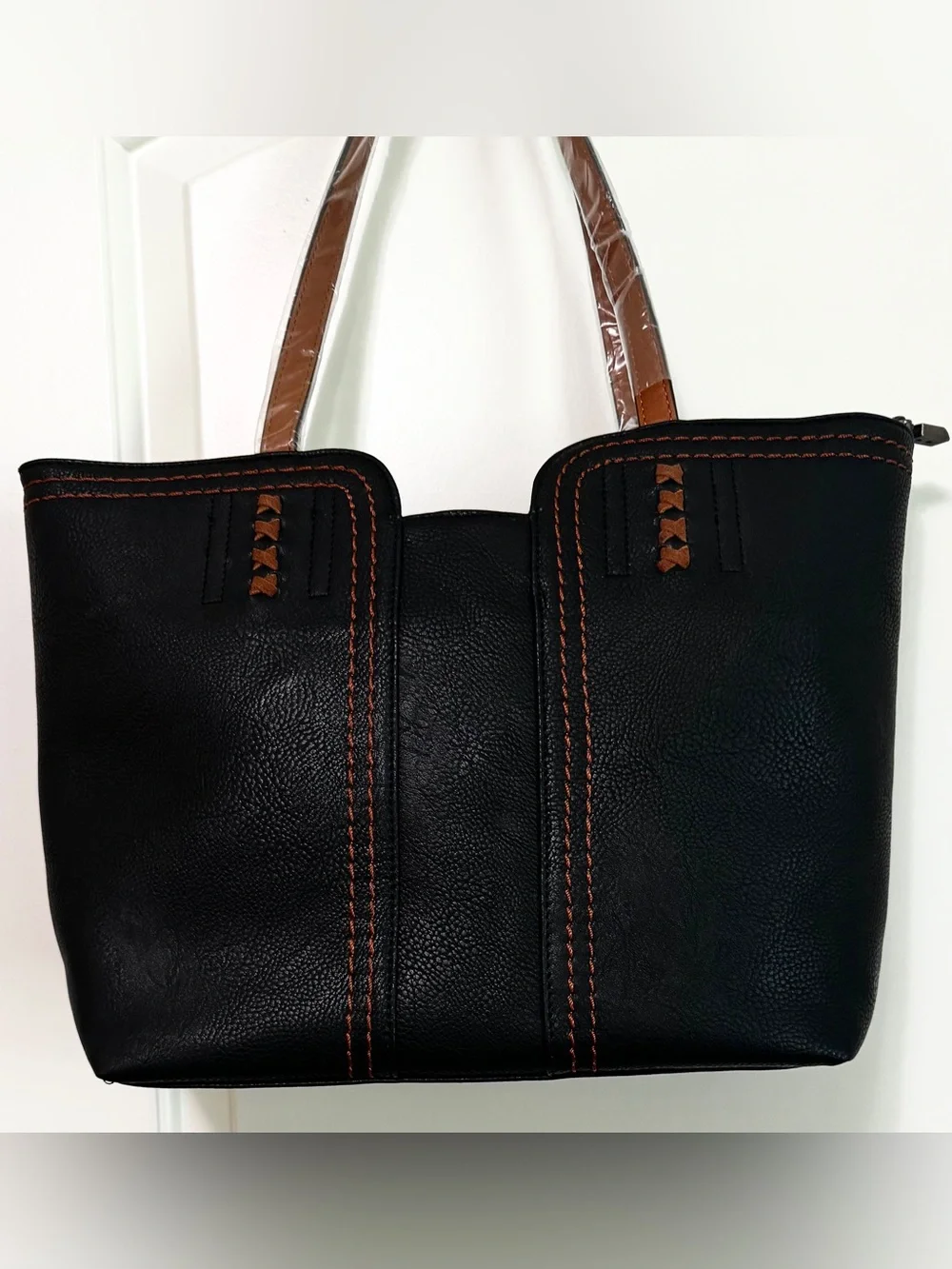 Montana West Black Tote Shoulder Bag Contrast Stitch Vegan Leather Zip Top - Picture 3 of 16